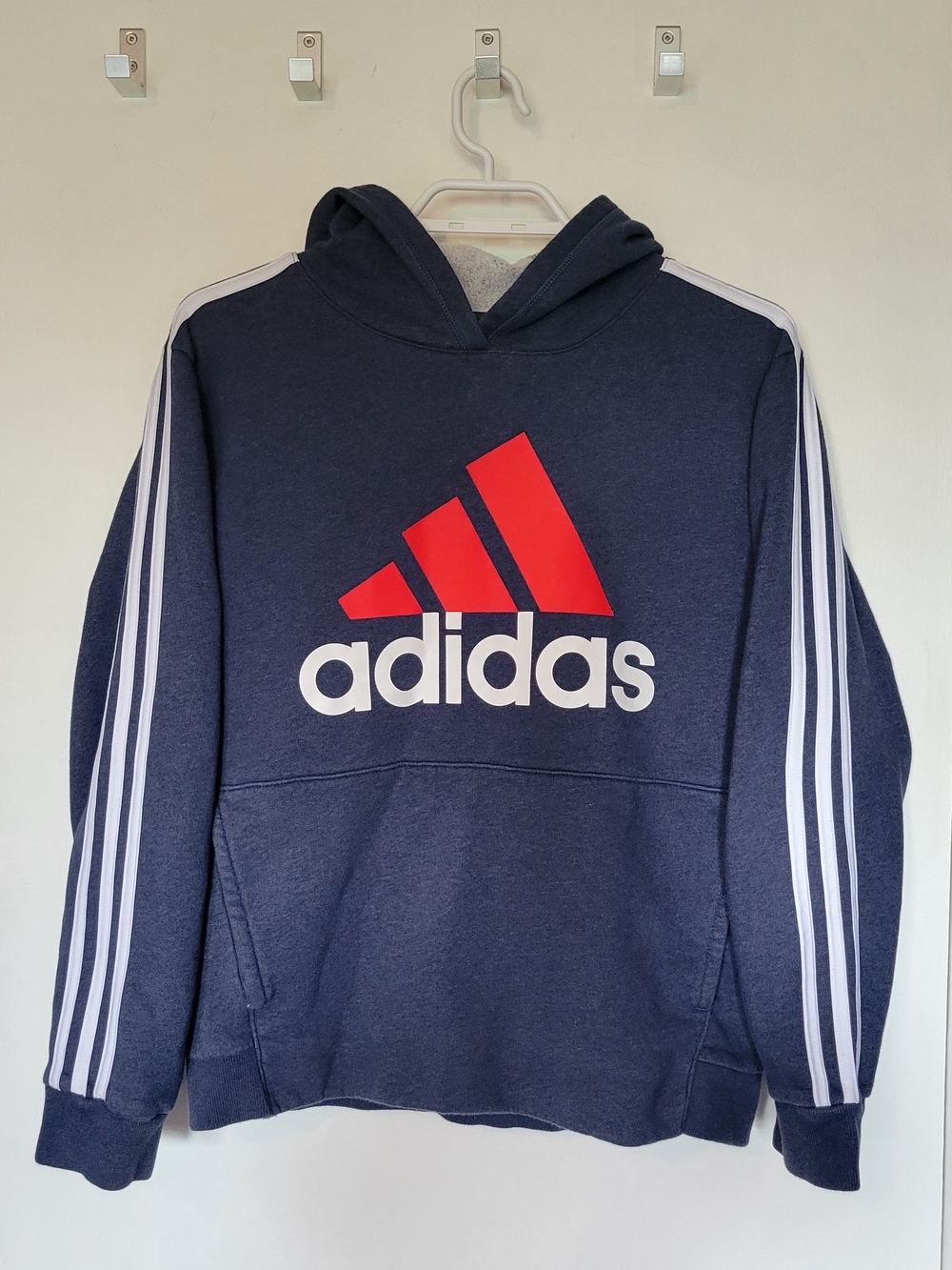 Adidas Navy Hoodie with Red Logo and White Stripes